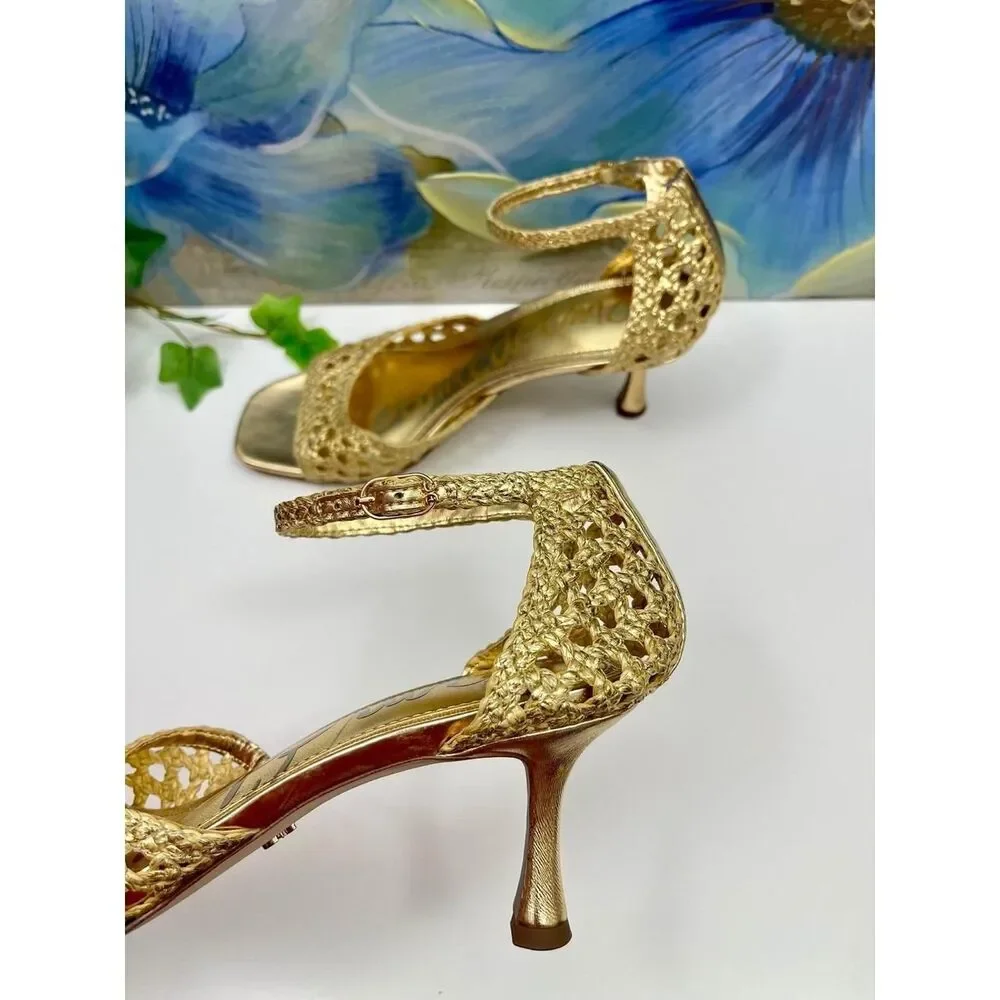 New Sam Edelman Gold Woven Kitten Heels Metallic Strappy Square Toe Sandals 8.5